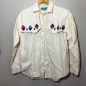 Vtg 90s Southwest Canyon Embroidered Western Button Down Shirt White Cotton M